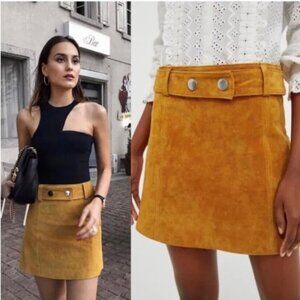 ZARA Women Mustard Suede Leather Belted Mini Skirt
